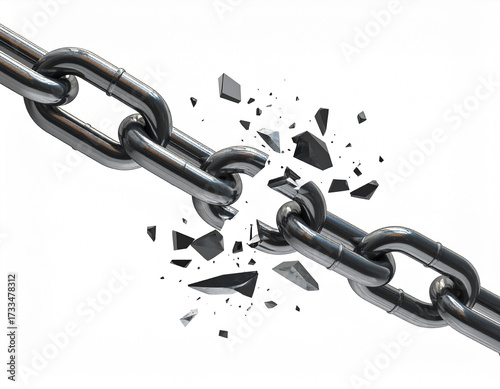 Metallic chain links shattering into sharp fragments breaking