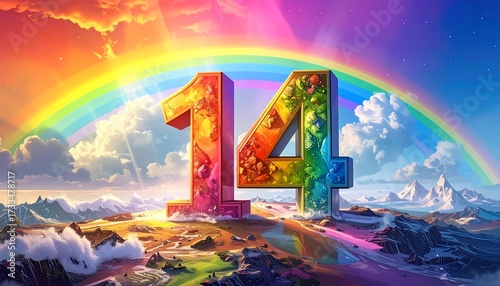 Colorful 14 on a landscape with rainbow