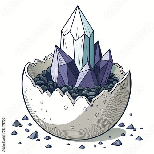 A cracked eggshell filled with crystals and pebbles sits on a white surface.
