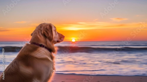 Golden Retriever Dog Watches a Beautiful Beach Sunset.