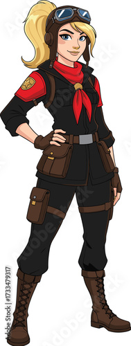 Confident female adventurer character, cartoon explorer woman illustration, stylish fantasy girl in uniform, strong leader, adventurous woman with goggles and boots