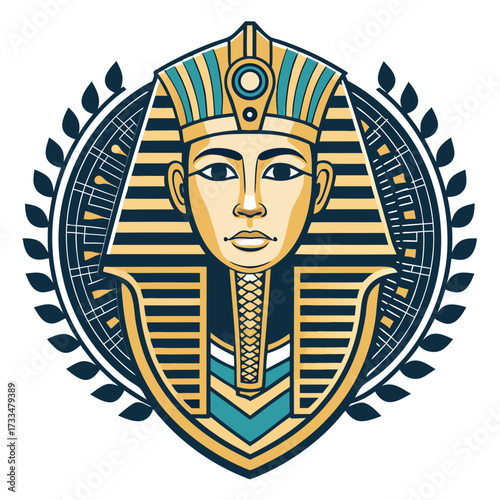 Egyptian pharaoh headdress emblem with laurel wreath.