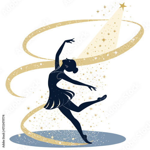 A silhouette of a ballerina dancing under a spotlight with stars.