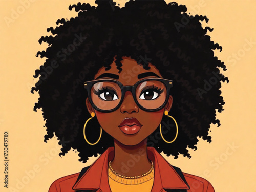 Cute African woman in modern street fashion, big curly hair, oversized glasses, flat vector illustration .Ai Generate 