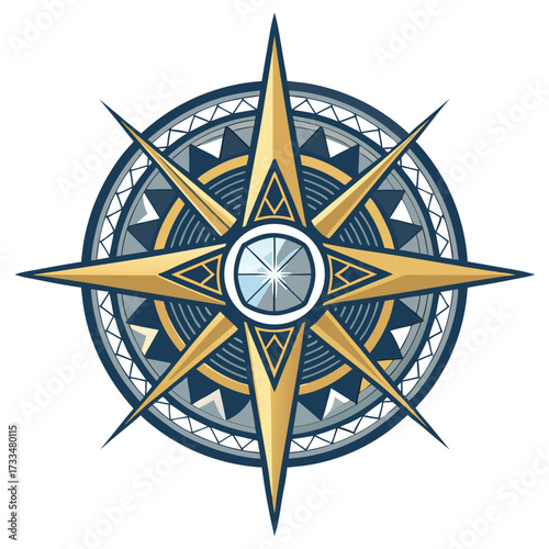 A detailed compass rose design with geometric patterns and metallic colors.