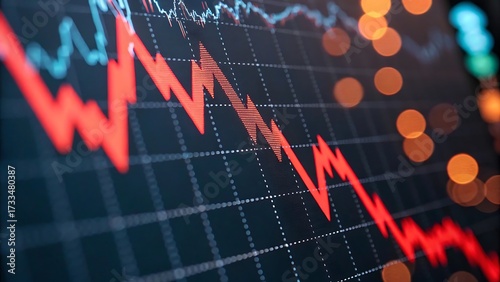 Stock market crash chart with downward trend line and bokeh lights, symbolizing financial crisis and economic downturn