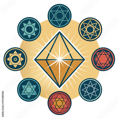 Geometric symbols arranged in a circle around a central diamond.