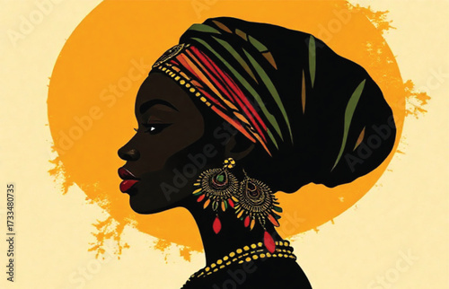 Elegant African woman silhouette with tribal jewelry and headwrap, abstract vector art with bold colors. Ai Generate 