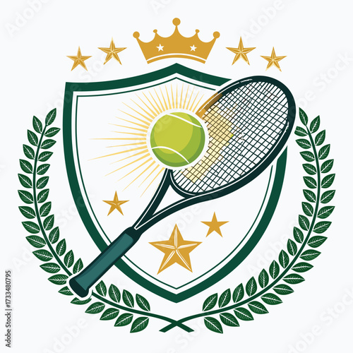 Tennis emblem featuring a racket, ball, crown, and laurel wreath.