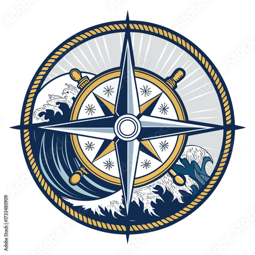 A nautical compass rose with waves and a ship's wheel. (67 chars).