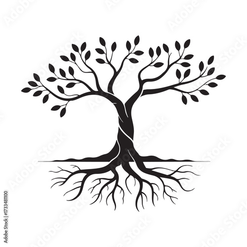 Black Tree Silhouette With Leaves and Roots Design on White
