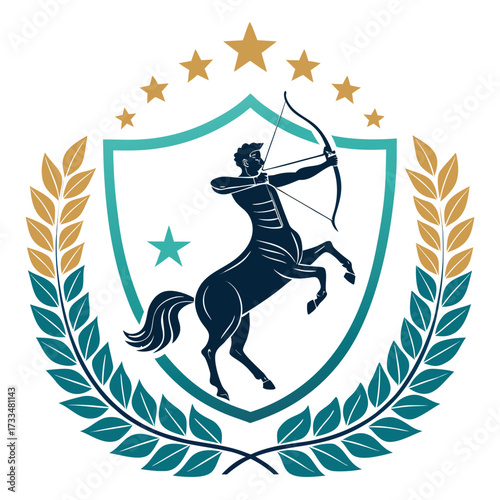 A centaur archer emblem with laurel leaves and stars.