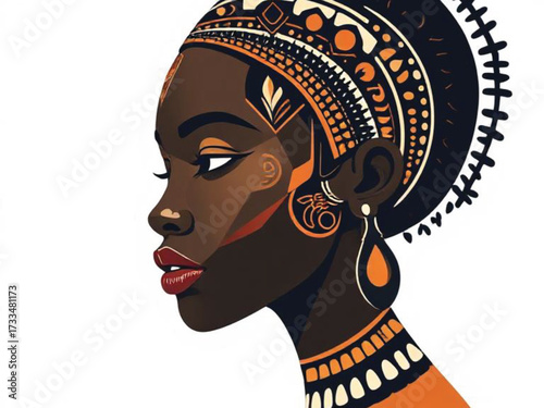 Abstract geometric vector art of African woman face with tribal motifs and decorative lines. Ai Generate 