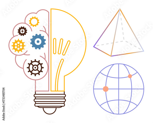 Lightbulb with interconnected gears symbolizing ideas, pyramid denoting structure, globe with points for global connections. Ideal for creativity, problem-solving, innovation, teamwork, global reach