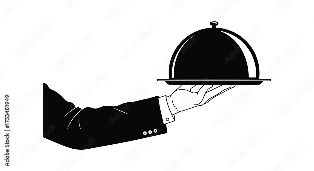 Fototapeta premium Elegant service Hand holding a covered silver platter in black and white