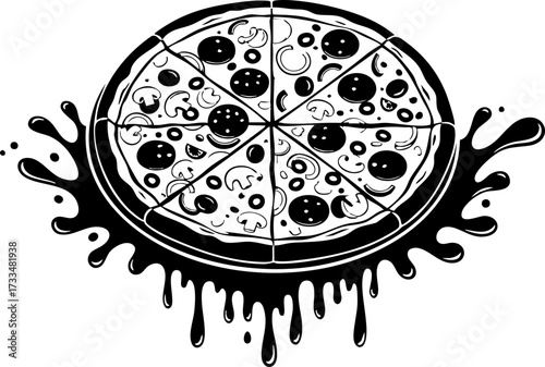 Deliciously detailed whole pizza sliced and ready to enjoy, presented with a dynamic artistic splash effect for ultimate visual appeal.