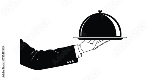 Elegant service Hand holding a covered silver platter in black and white