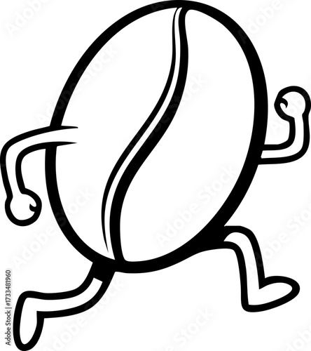 Energetic coffee bean character sprinting forward with dynamic motion lines, symbolizing speed and caffeine boost for morning routines and active lifestyles.