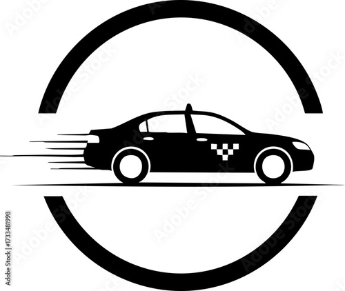 Dynamic black taxi silhouette speeds through circular emblem conveying swift, modern urban transportation services