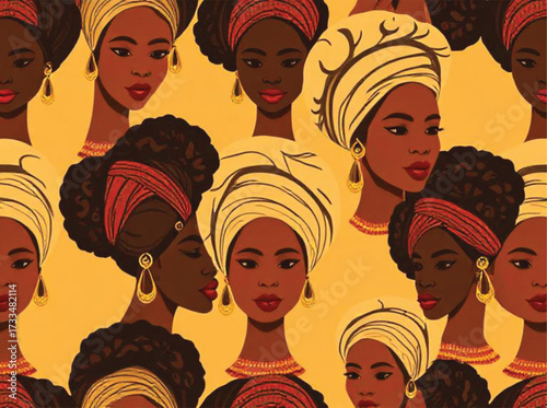 Vector seamless pattern of African women faces with headwraps and earrings, bold and colorful style ,Ai Generate .