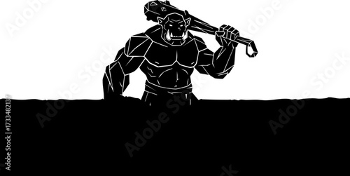 Mighty orc warrior with club emerges from darkness ready for epic fantasy battle, powerful character design for game art and storytelling.