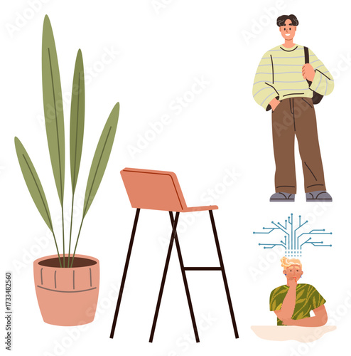 Young man stands casually beside a tall potted plant and modern chair. Another figure meditates with circuitry-thumbs up connections extending from the head. Ideal for mindfulness, technology