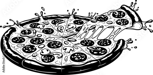 Savor the ultimate cheesy pepperoni and mushroom pizza slice stretching with delicious gooey melted cheese, a true culinary delight.