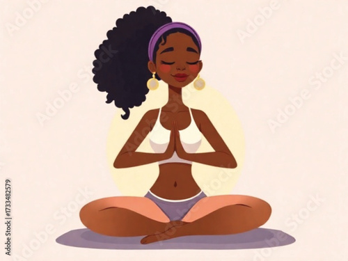Stylized African woman in yoga pose, vector cartoon illustration with calm pastel tones. Ai Generate 