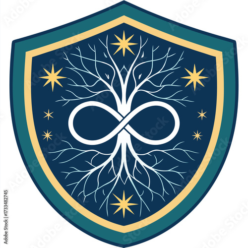 A blue shield featuring a white infinity symbol intertwined with tree branches.