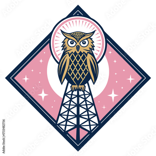 An owl sits atop an oil rig under a moonlit sky with stars.