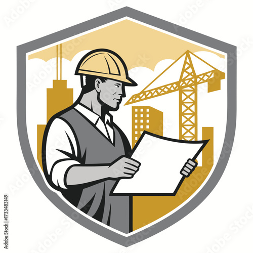 Construction worker with blueprint and crane in city skyline.