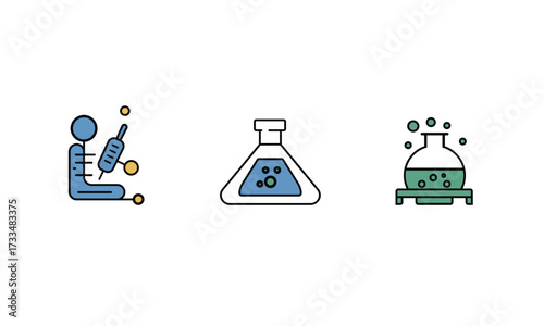 Collection of science and medical icons including a person with syringe and laboratory flasks isolated on white background