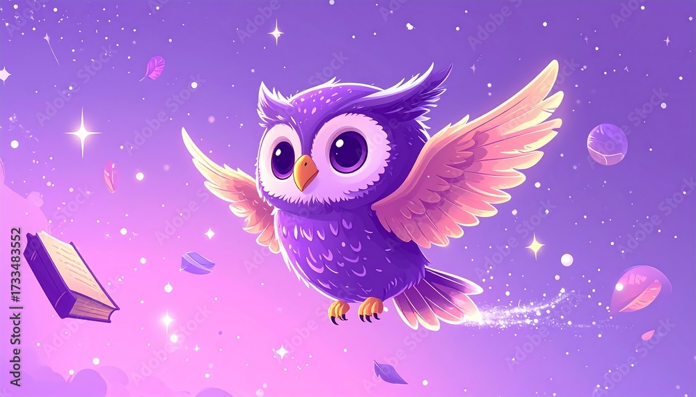 Obraz premium Cartoon owl soaring through space with open book illustration against purple sky