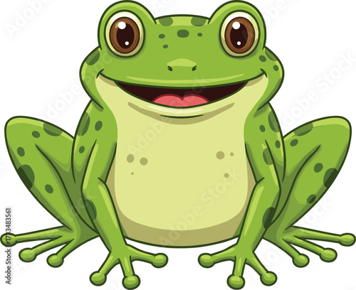 Cute cartoon frog illustration, happy green amphibian character, funny wildlife drawing, adorable smiling frog artwork, pond animal mascot, nature creature design
