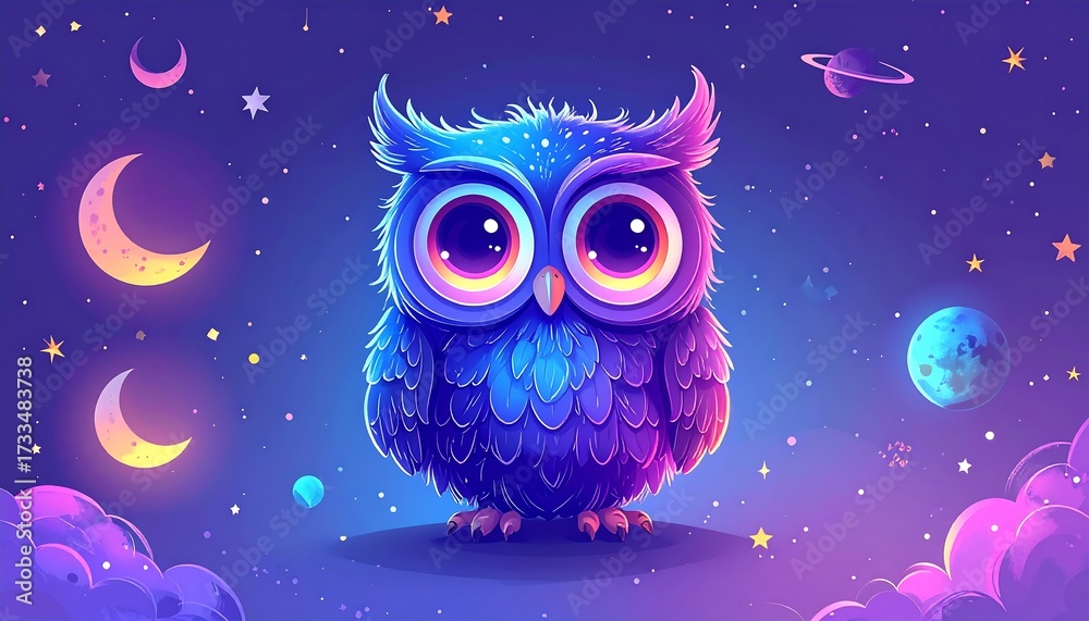 Obraz premium Cartoon owl with big eyes in a dreamy night sky illustration