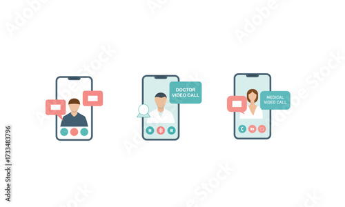 Three smartphones showing video calls with people and chat bubbles isolated on white background