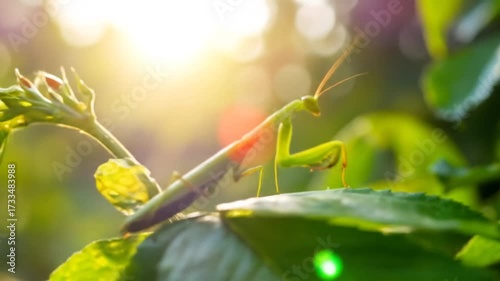 Green praying mantis perched on a leaf in the sunlight.