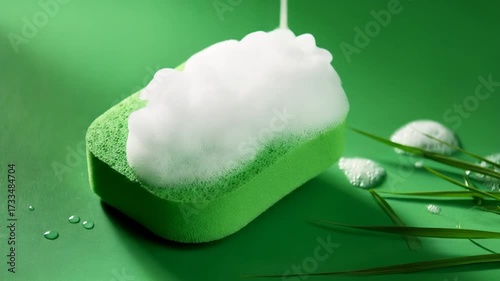 Green sponge with soap foam and water drops on green background.