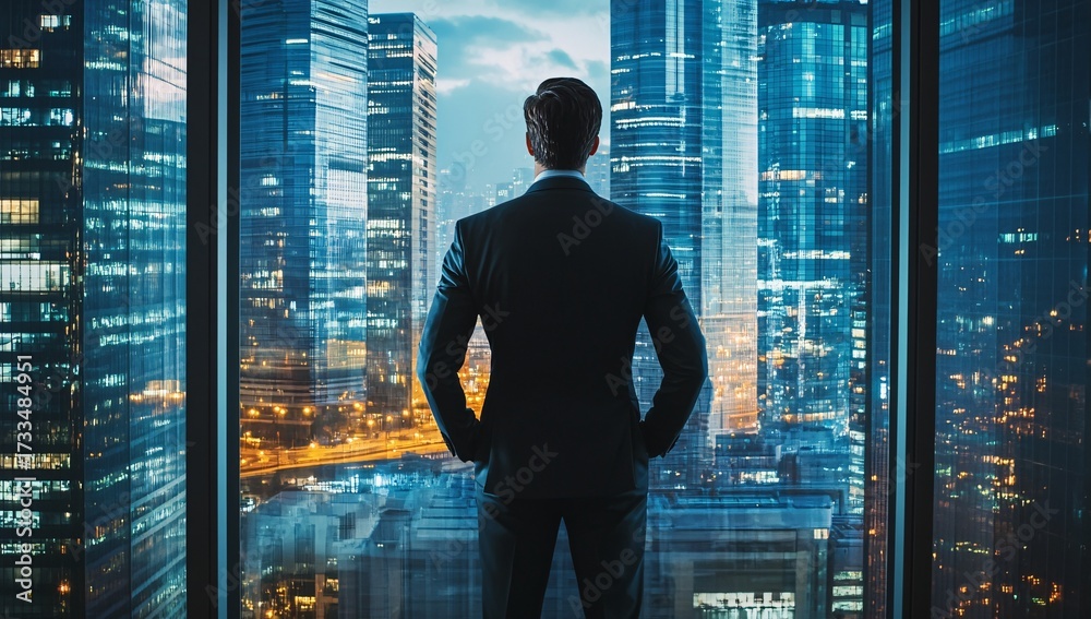 Fototapeta premium Ambitious businessman confidently surveying a dazzling city skyline at night from a modern high rise office window, envisioning future success and growth.