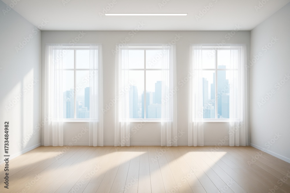 Fototapeta premium Bright modern empty room with large windows and cityscape view in soft daylight, showcasing minimal interior design and contemporary architecture.