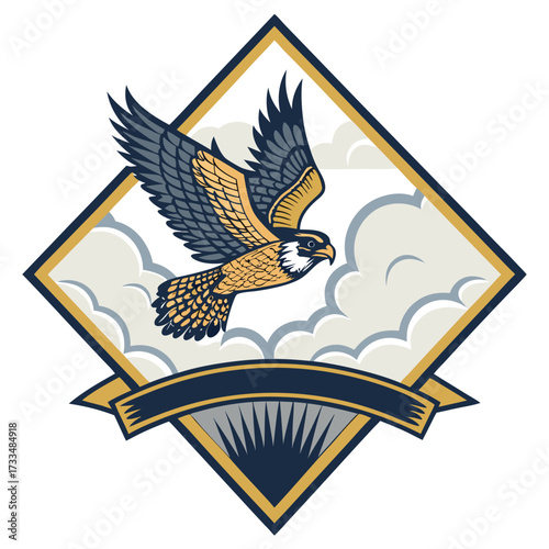 A stylized falcon in flight within a diamond emblem with clouds.