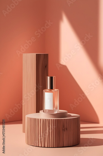Luxury Product Photography Spray Bottle On Wood Texture Base with Pink Pastel background Studio Lighting, Ideal for Cosmetic, Perfume and Beauty Branding, No Brand Label for Mockup