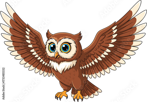Cute cartoon owl with big blue eyes, wide wings, brown feathers, forest bird, nocturnal animal, flying wildlife, vector illustration, clipart
