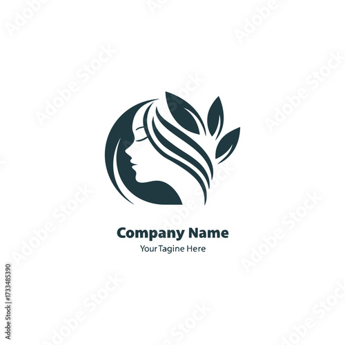 Elegant woman silhouette with flowing hair and black, green leaves featuring natural beauty, wellness, spa, organic products, and eco-friendly brand logo design vector