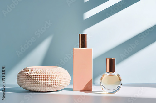 Elegant Minimalist Perfume Product Photography - Soft Blue Pastel Background with Natural Studio Lighting, Perfect for Cosmetics, Perfume and Luxury Branding, No Label for Mockup