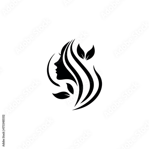 Elegant woman silhouette with flowing hair and black, green leaves featuring natural beauty, wellness, spa, organic products, and eco-friendly brand logo design vector