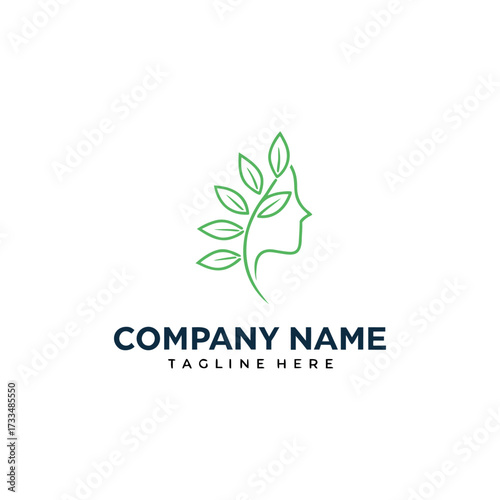 Elegant woman silhouette with flowing hair and black, green leaves featuring natural beauty, wellness, spa, organic products, and eco-friendly brand logo design vector