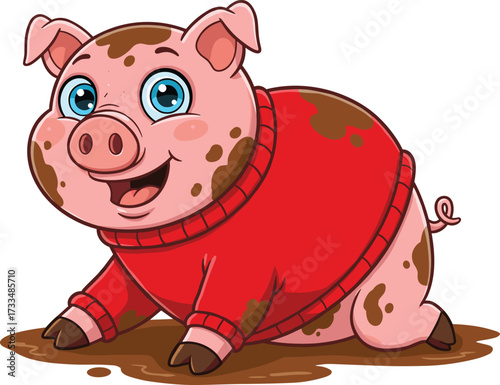 Cute cartoon pig in red sweater, smiling, playing in mud, adorable farm animal, happy piglet illustration, children's artwork, vector image.