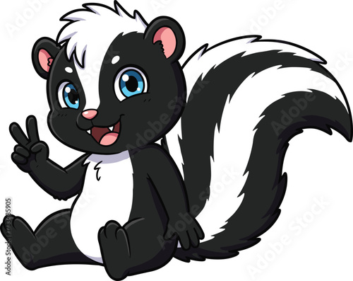 Cute cartoon skunk character sitting, smiling, peace sign, black and white animal, adorable forest creature, children’s illustration, vector artwork.