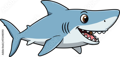 Cute cartoon shark illustration with big smile, happy ocean animal character, blue fish mascot, funny sea creature, underwater marine life drawing